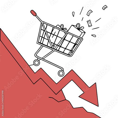 Shopping Cart Falling Off Red Graph Cliff on Transparent Background. Perfect for: Consumer Spending Reports, Retail Crisis Coverage
