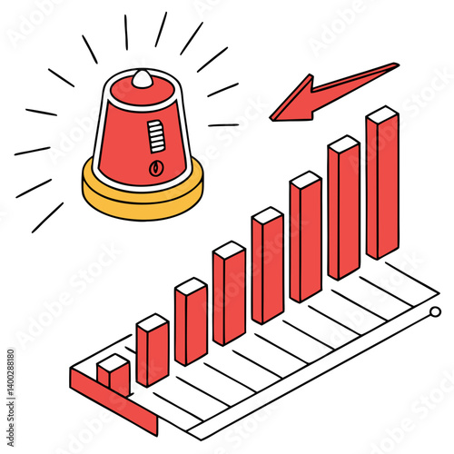 Flashing Warning Siren Over Red Bar Chart on Transparent Background. Perfect for: Emergency Economic Reports, Crisis News Days