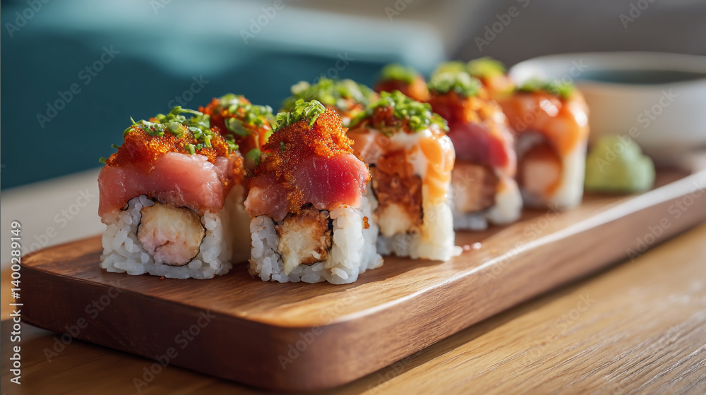 Delicious sushi rolls with tuna and shrimp tempura on a wooden board food photography and japanese cuisine Delicious sushi rolls with tuna and shrimp tempura on a wooden board food photography and japanese cuisine