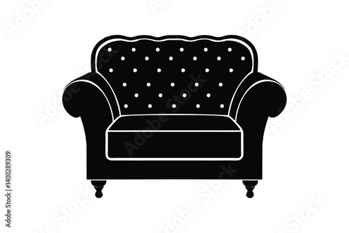 Silhouette illustration of a classic Chesterfield armchair with button-tufted upholstery and rolled arms.eps