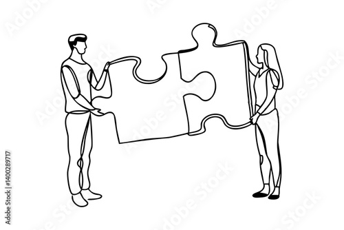 Continuous one line drawing of man and woman holding a big puzzle piece completing, vector 