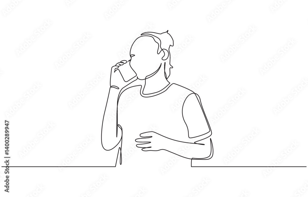 Woman talking on mobile phone in continuous line art drawing style, Girl talking on the phone continuous line art drawing isolated on white background. Vector illustration.