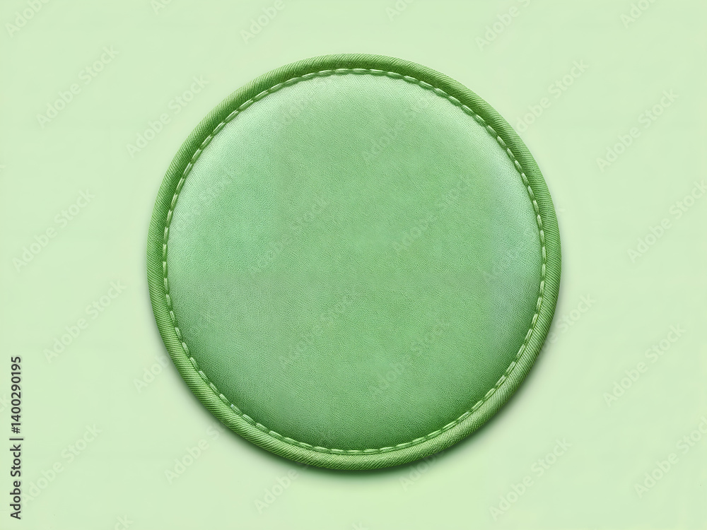 Round green stitched patch on neutral fabric background, perfect for clothing label or craft themes. Generative AI