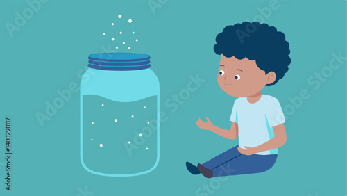 Calm Down Jar A clear jar filled with water and glitter. A child is shaking the jar and watching the glitter settle illustrating how to calm down and focus their mind.