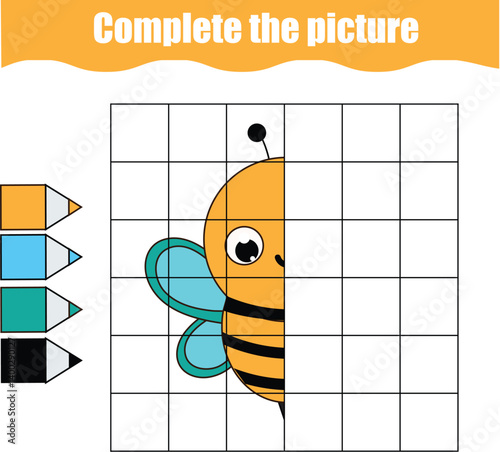 cute bee. complete picture by grid. educational children game. learning activity for toddlers. insects theme.