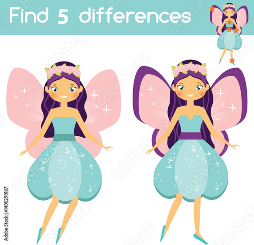 Find the differences. Educational children game. Activity for pre school years kids. Cute fairy princess