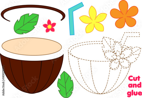 Creative children educational game. cut and paste activity for kids. Make a coconut tropic cocktail with glue and scissors