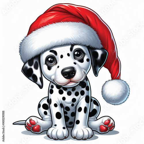 christmas Dalmatian Dog wearing santa claus hat Cartoon Vector Illustration isolated