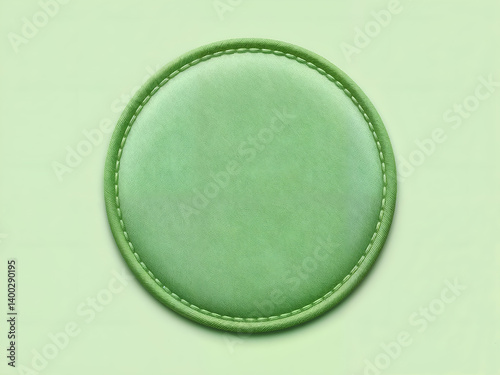 Obraz na płótnie Round green stitched patch on neutral fabric background, perfect for clothing label or craft themes. Generative AI w salonie