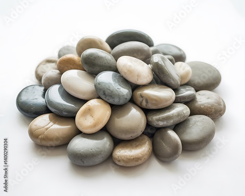 Pile of smooth sea stones in natural colors for wellness themes. Zen balance concept, spa therapy visual, calm nature relaxation.