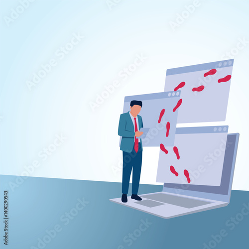 A man writes in a book and there is a web view with footprints. A metaphorical illustration for digital footprints, browser history and tracking.