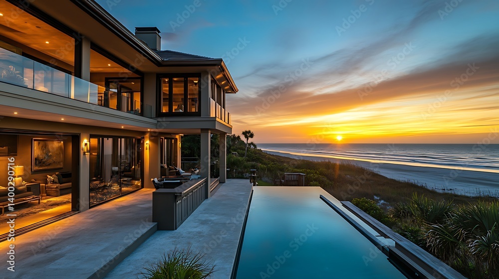 Fototapeta premium Luxury oceanfront villa at sunset with a stunning swimming pool, showcasing vibrant colors of the sky and a relaxing outdoor space