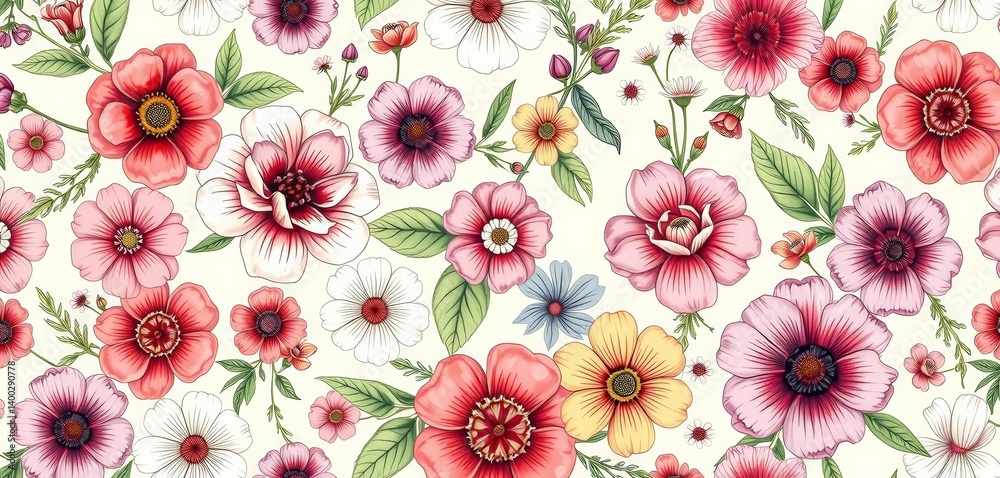 Naklejka premium Hand-drawn floral seamless patterns, various blooms, intricate details, perfect for textile design, surface pattern, flower pattern