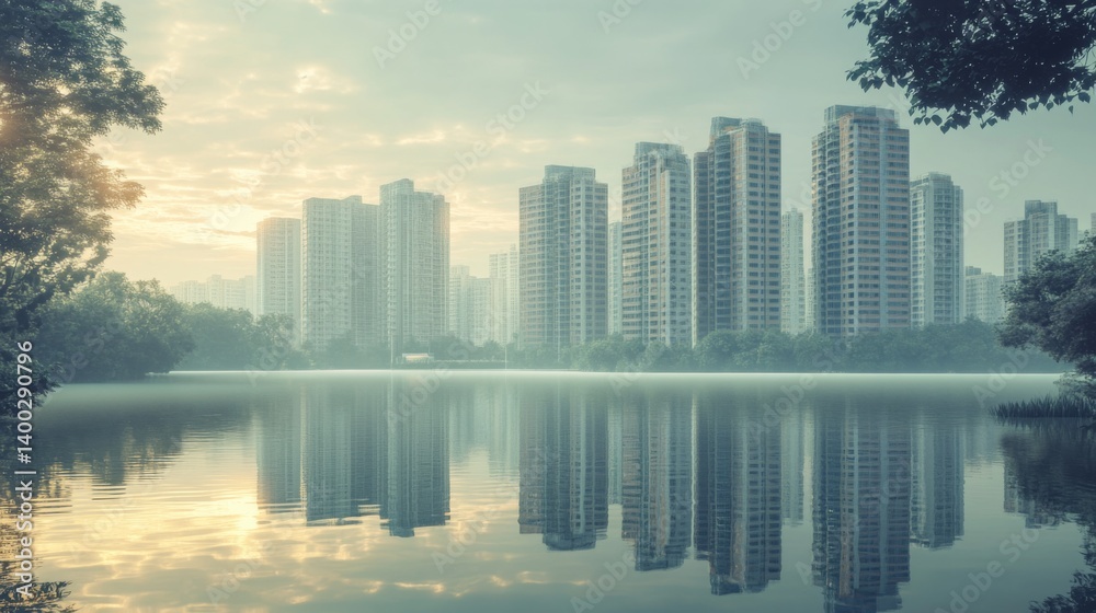 Fototapeta premium Towering high-rises mirrored on a smooth lake