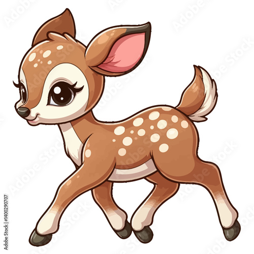 Charming cartoon illustration of a cute, light brown fawn with white spots, big adorable eyes, and a gentle expression, taking a step. Represents adorable animals, forest wildlife, and children's them