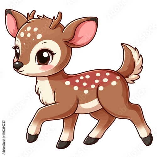 Charming cartoon illustration of a cute, light brown fawn with white spots, big adorable eyes, and a gentle expression, taking a step. Represents adorable animals, forest wildlife, and children's them