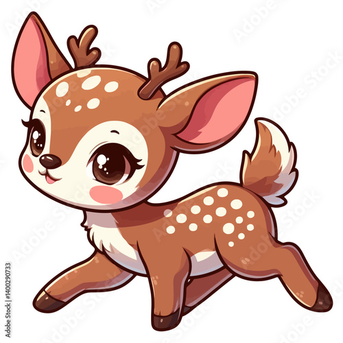 Charming cartoon illustration of a cute, light brown fawn with white spots, big adorable eyes, and a gentle expression, taking a step. Represents adorable animals, forest wildlife, and children's them