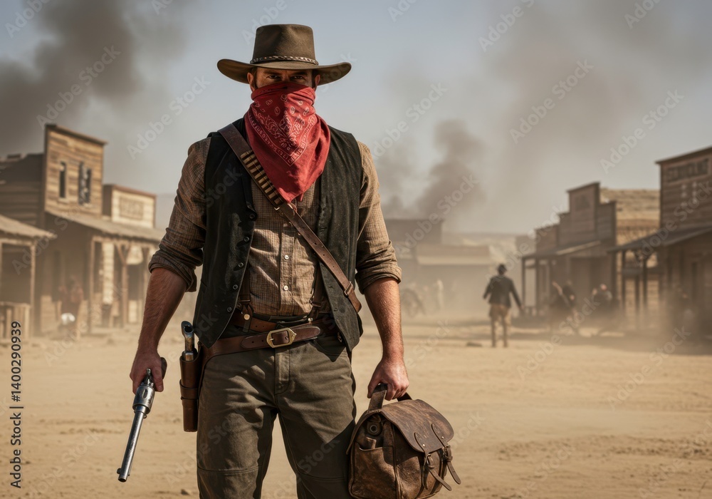 Man with bandana covering his face stands on street in a western town holding gun and satchel bag for crime novel, wild west adventure story and theatrical staging