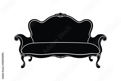 Silhouette illustration of a vintage Victorian sofa with ornate curved backrest.eps