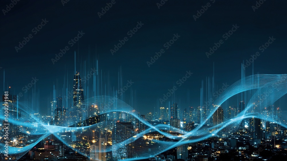 Fototapeta premium Smart City Connection and Big Data Technology Background at Night