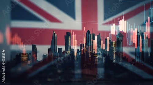 UK Flag Blended with Trading Chart and Digital City Skyline