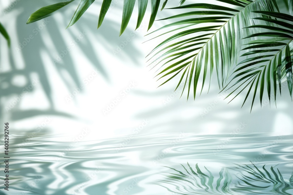 Serene tropical scene featuring palm leaves casting intricate shadows on a calm water surface. creating a tranquil atmosphere perfect for relaxation and meditation Serene tropical scene featuring palm leaves casting intricate shadows on a calm water surface. creating a tranquil atmosphere perfect for relaxation and meditation