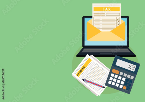 Income tax filing, tax filing form with calculator and laptop
