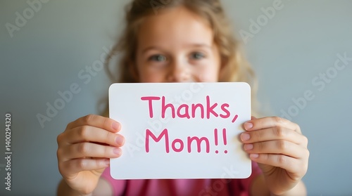 Child Holding “Thanks, Mom!” Card