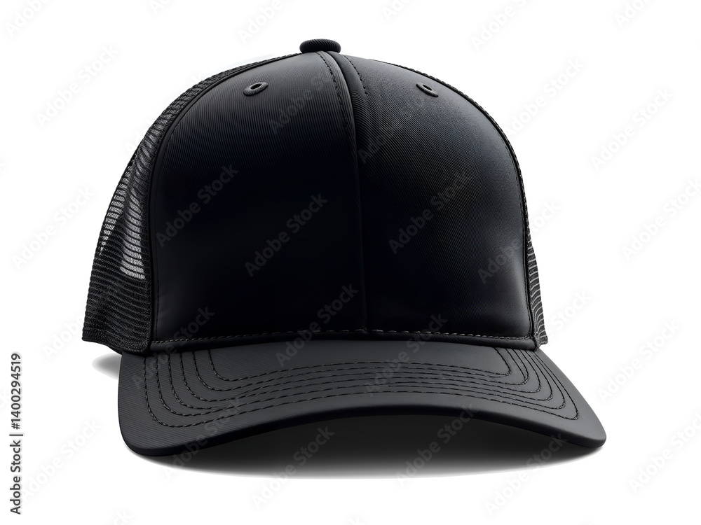 Black snapback cap front view isolated on white background, ideal for fashion and branding mockups. Generative AI