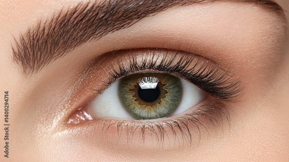 Obraz premium Close-up of a woman's eye featuring a distinctive black strip across it.