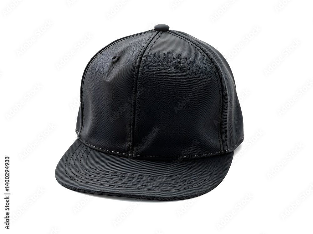 Black snapback cap front view isolated on white background, ideal for fashion and branding mockups. Generative AI