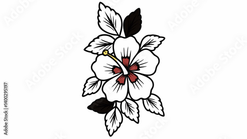 Illustration of a white hibiscus flower with dark red center and dark green leaves on a white background created with generated ai