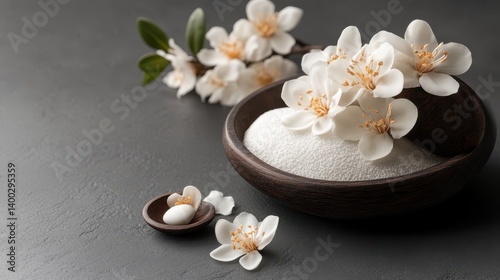 A bowl of sugar accompanied by decorative flowers nearby.