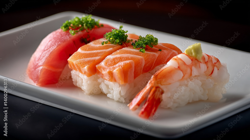Delicious nigiri sushi platter with tuna salmon and shrimp for japanese food restaurant menu design Delicious nigiri sushi platter with tuna salmon and shrimp for japanese food restaurant menu design