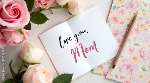 Flat Lay of Floral Stationery with “Love You, Mom” Card