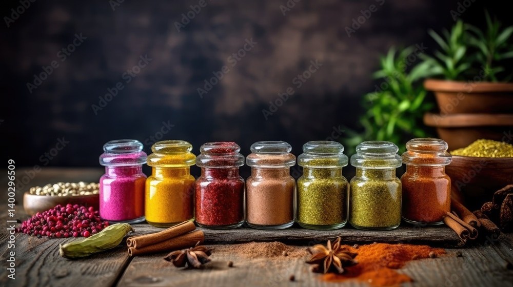 Vibrant Spice Jars on Rustic Wood