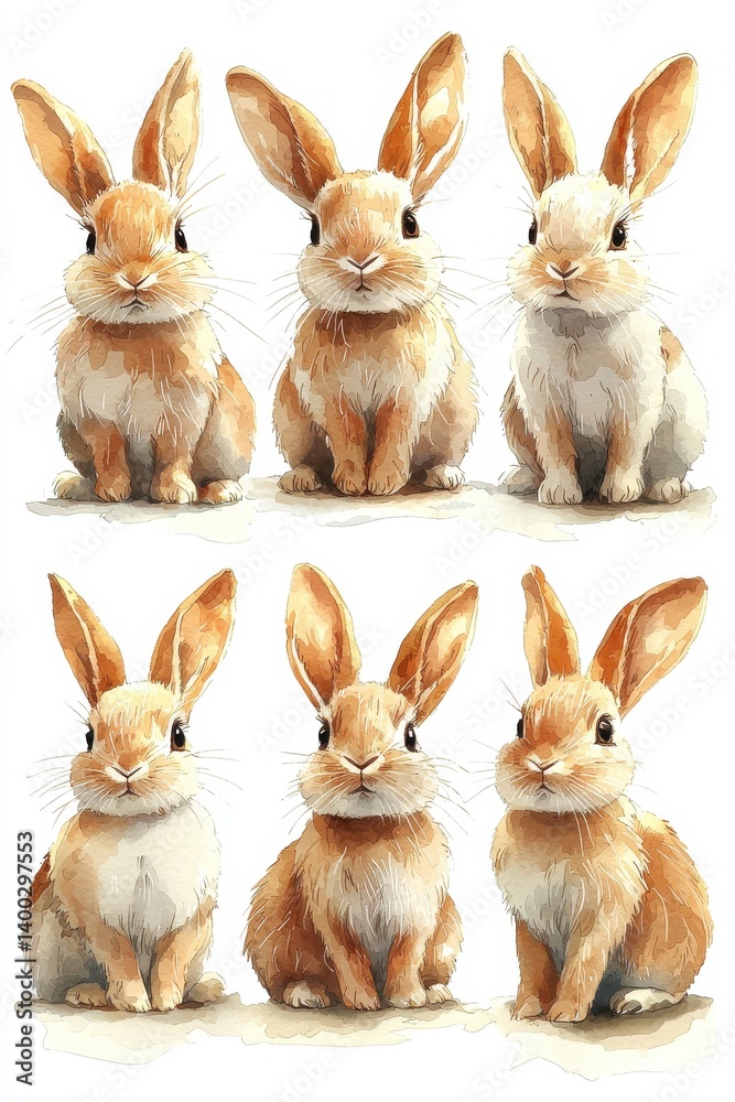 Fototapeta premium Six adorable rabbits depicted in a soft watercolor artistic style