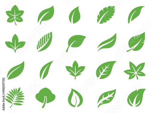 Set of Green Leaf Icons – Minimalistic Nature-Inspired Vector Illustrations.