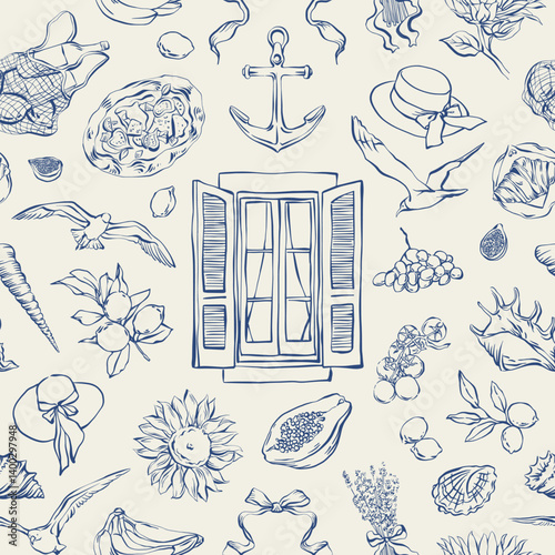 Coastal Italian summer seamless pattern in vintage style with, Mediterranean mood, food, lemons, shells. Hand drawn Provence vector line art pattern for textile, packaging, wallpaper, wrapping, card.