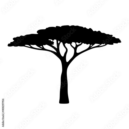 Silhouette of a classic flattopped acacia tree in a black and white design