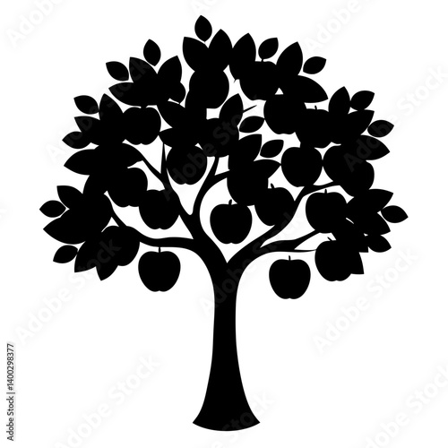 Black silhouette of an apple tree brimming with ripe fruits and leaves