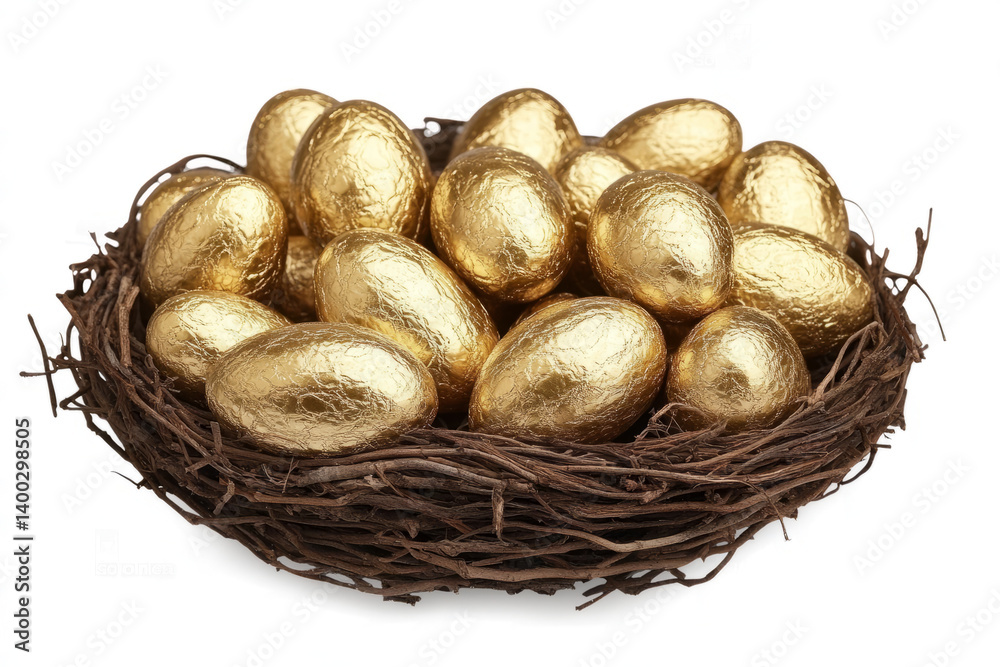 Gold Easter eggs in a nest, isolated on a transparent background with a clipping path, Gold Easter eggs in a nest, isolated on a transparent background with a clipping path,