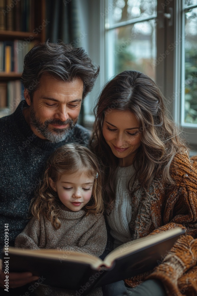 Family sharing a moment reading a book in a cozy home setting