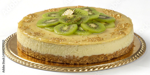 Cheesecake, kiwi topping, golden crust, circular cake, glass cake stand, realistic food photography, high detail, studio lighting, white background, appetizing dessert, vibrant green fruit slices,