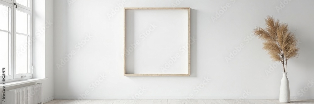 Fototapeta premium Empty white wooden frame on white wall Minimalist interior design , design, modern