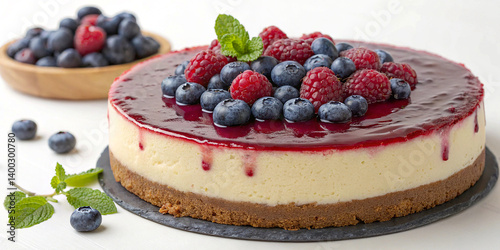 Cheesecake with berry topping, fresh blueberries and raspberries, mint leaves, biscuit base, creamy texture, red glaze, white plate, rustic background, high resolution, food photography,