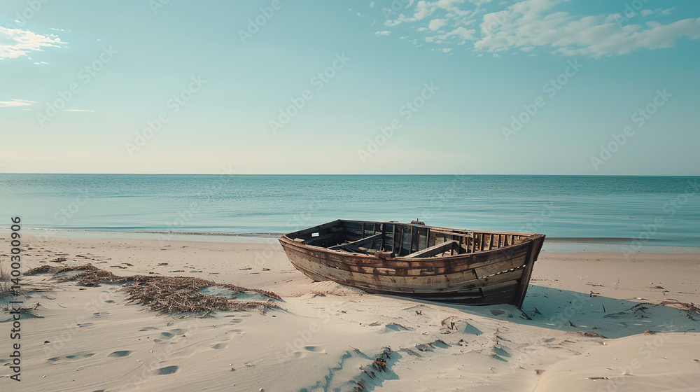 Fototapeta premium Small Wooden Boat Floating on Tranquil Blue Sea, Peaceful Ocean Scene with Clear Sky and Coastal Serenity