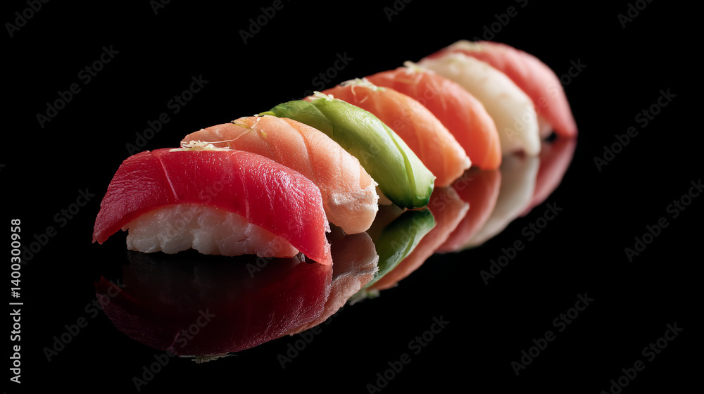 Delicious nigiri sushi set on black background japanese cuisine fresh seafood tuna salmon avocado food Delicious nigiri sushi set on black background japanese cuisine fresh seafood tuna salmon avocado food