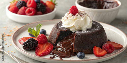 Decadent chocolate lava cake, molten center, whipped cream dollop, fresh berries, strawberries, raspberries, blackberries, white plate, dessert photography, soft lighting, food styling, gourmet 