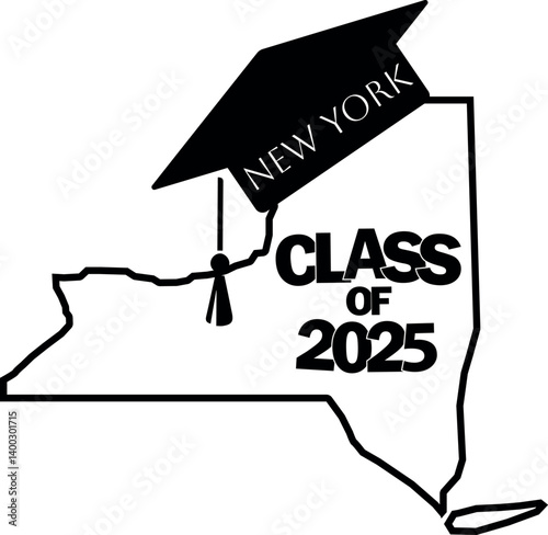 Class of 2025 graduation vector design New York state silhouette.